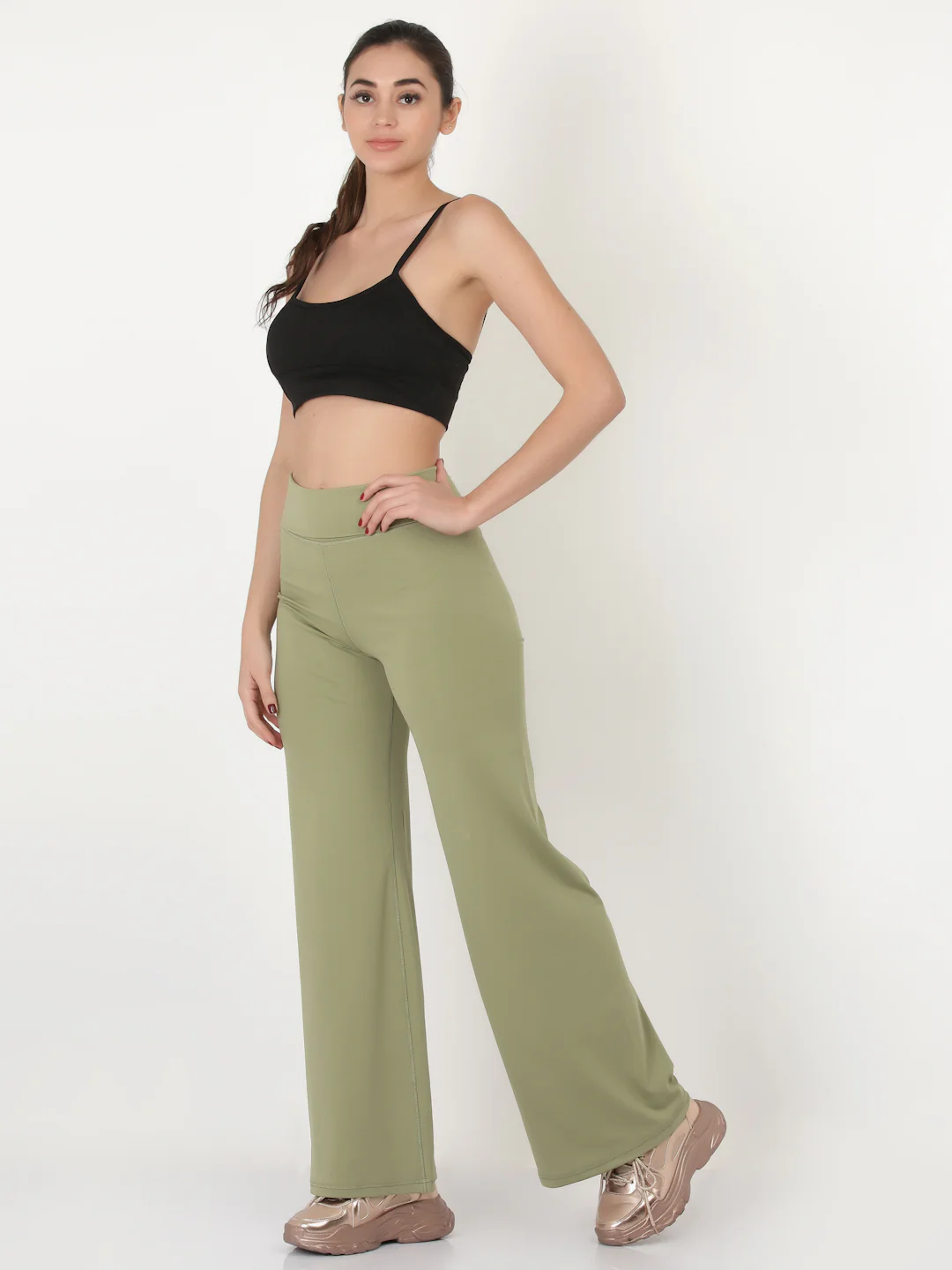Green Flared High Rise Full Length Yoga Pants - Image 6