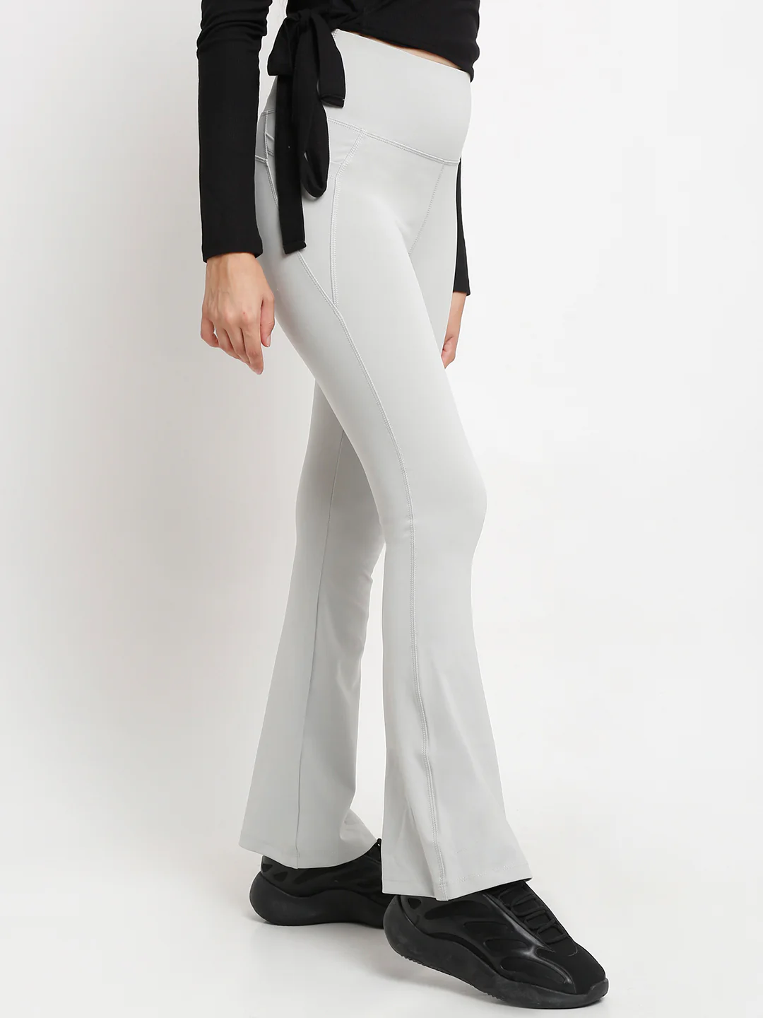 Grey Flare High Waisted Essential Pants With Pockets - Image 2