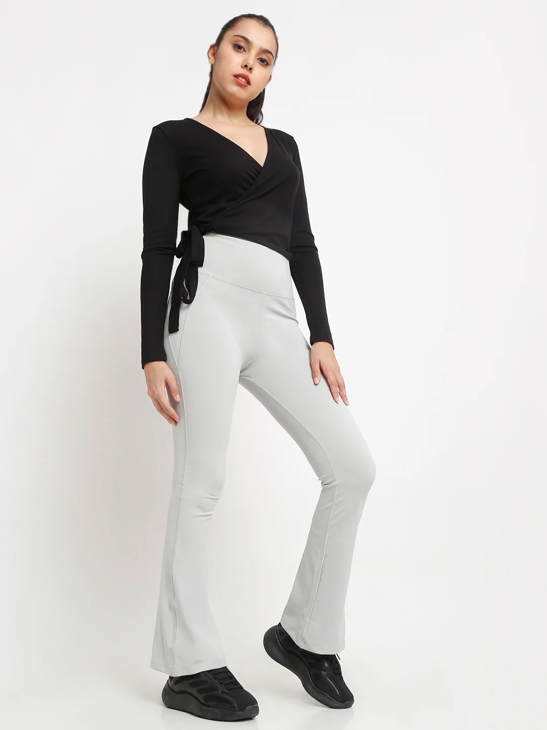 Grey Flare High Waisted Essential Pants With Pockets - Image 5