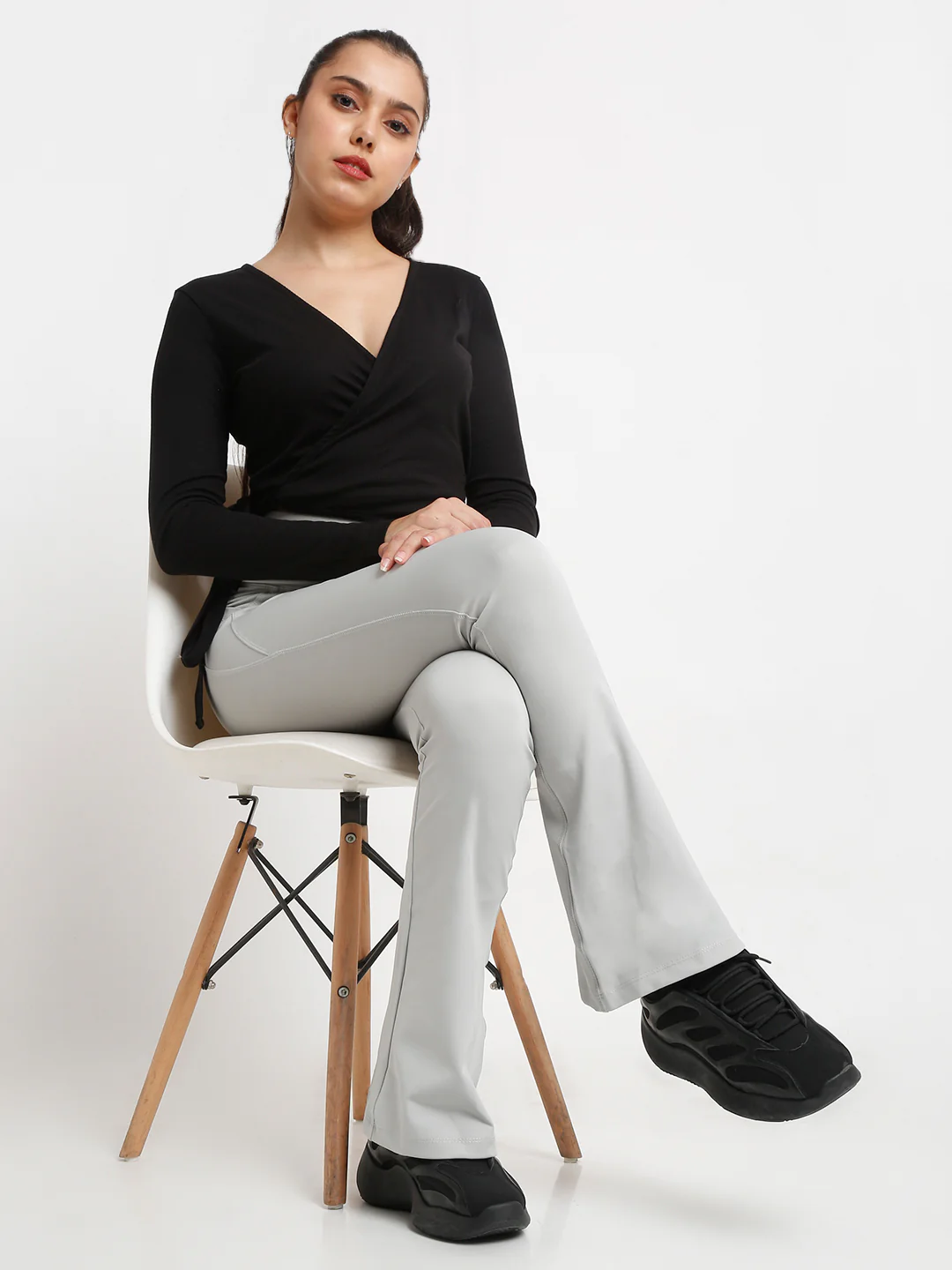 Grey Flare High Waisted Essential Pants With Pockets - Image 6