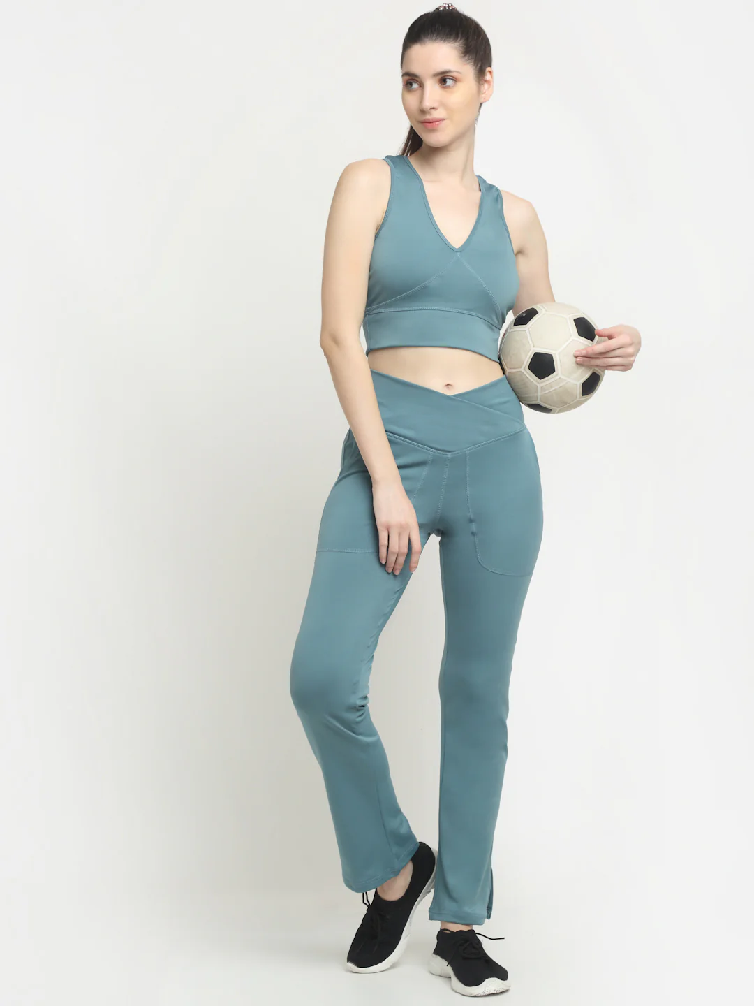 Ice Blue Crossover Pocket Slit Hem Flare Leggings