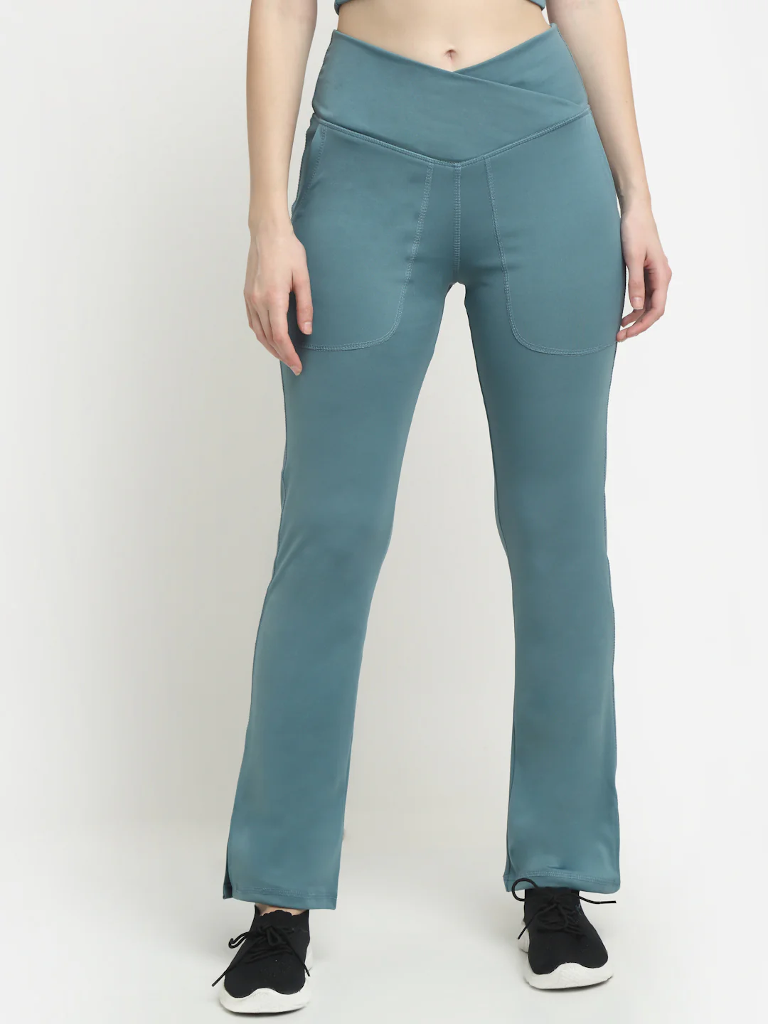 Ice Blue Crossover Pocket Slit Hem Flare Leggings - Image 2