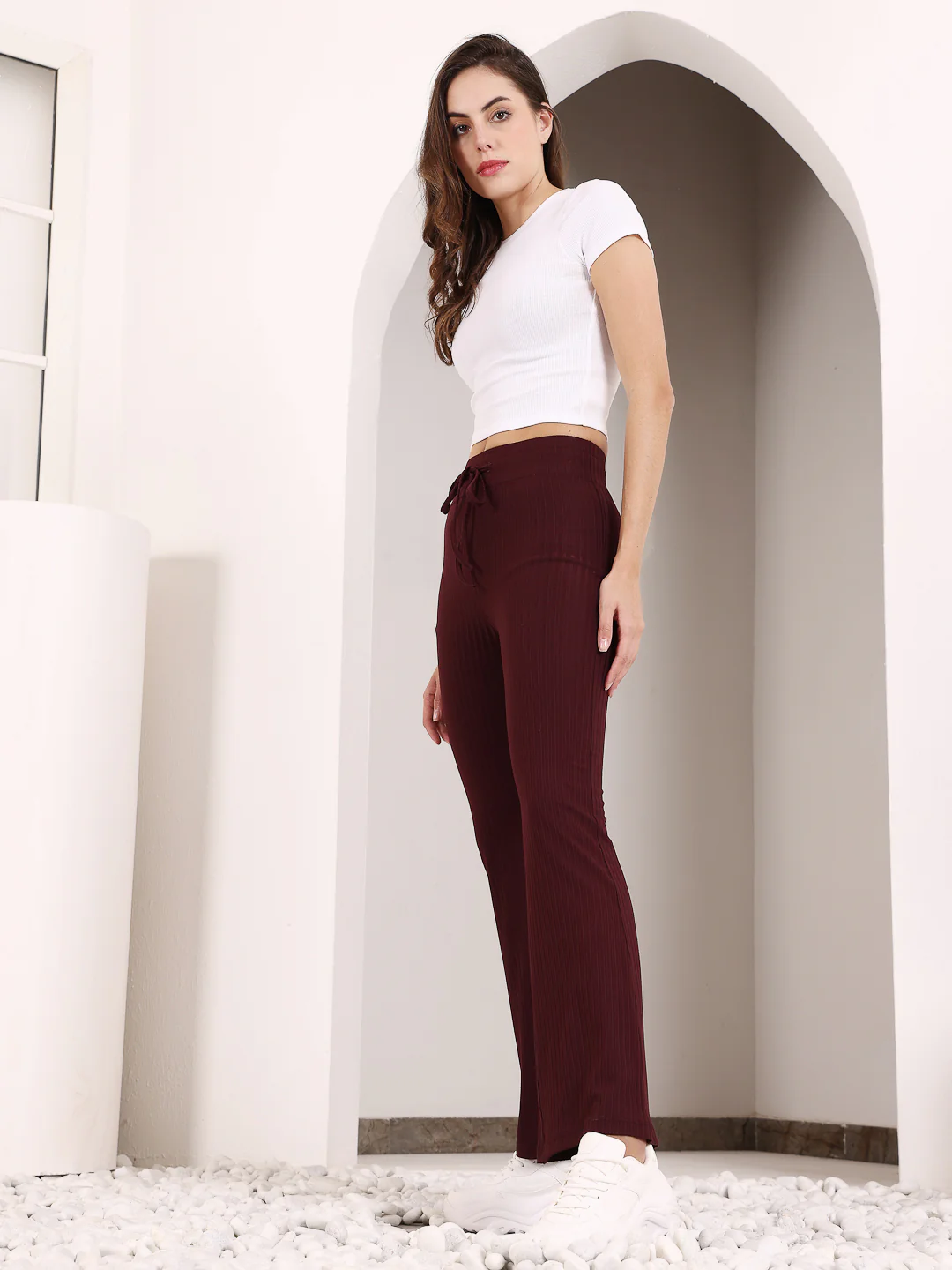 Maroon Rib Drawstring Flare Pants - Image 2