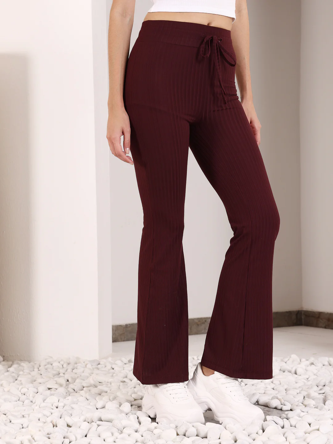 Maroon Rib Drawstring Flare Pants - Image 4
